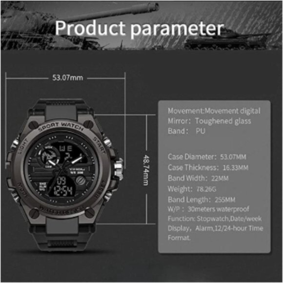 New Electronic Watch Tactical Army Wristwatch Waterproof Multi-Function Watch - Picture 7 of 8